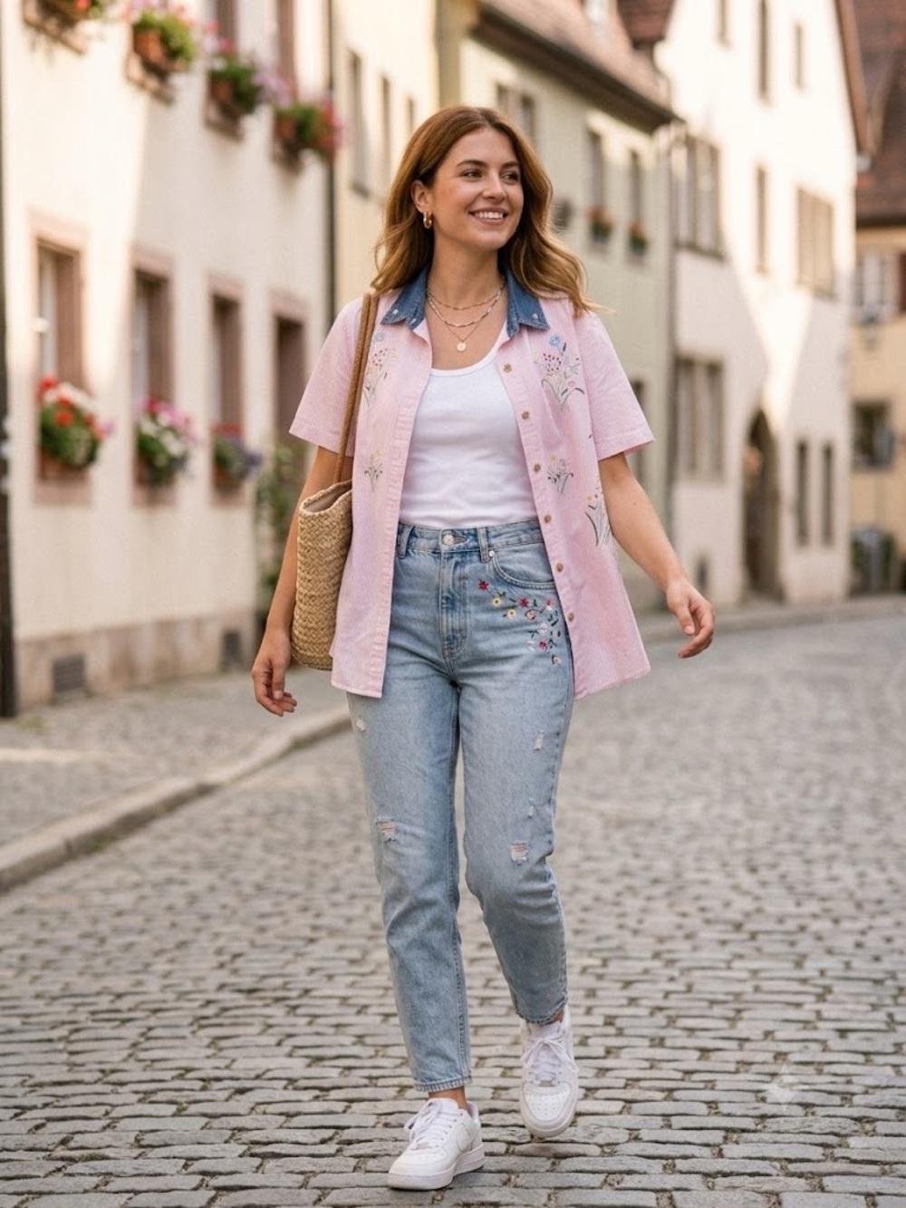 Bobbi Brown Pink Pinstripe Shirt with Denim Collar and Floral Embroidery